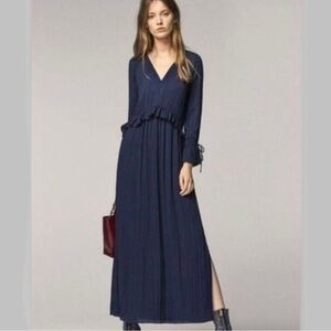 Massimo Dutti V Neck Pleated Ruffled Waist Long Sleeved Navy Blue Maxi Dress M